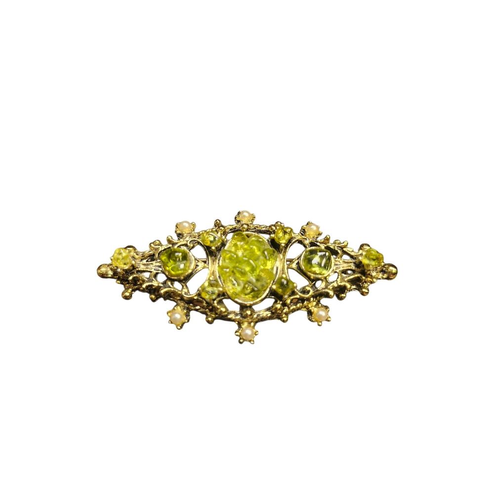 Gold tone Faux glass Peridot chunky brooch pin